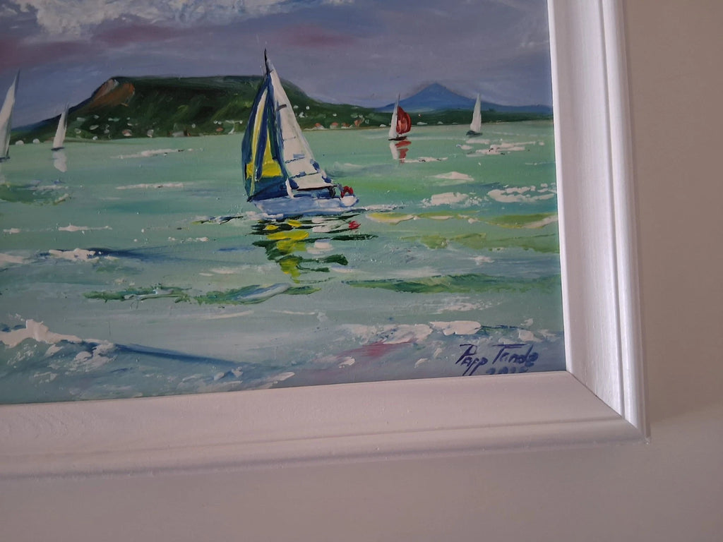 PAPP TÜNDE | Segelboote / Balaton / Ungarn | ORIGINAL Ölgemälde auf Karton inkl. Rahmen
