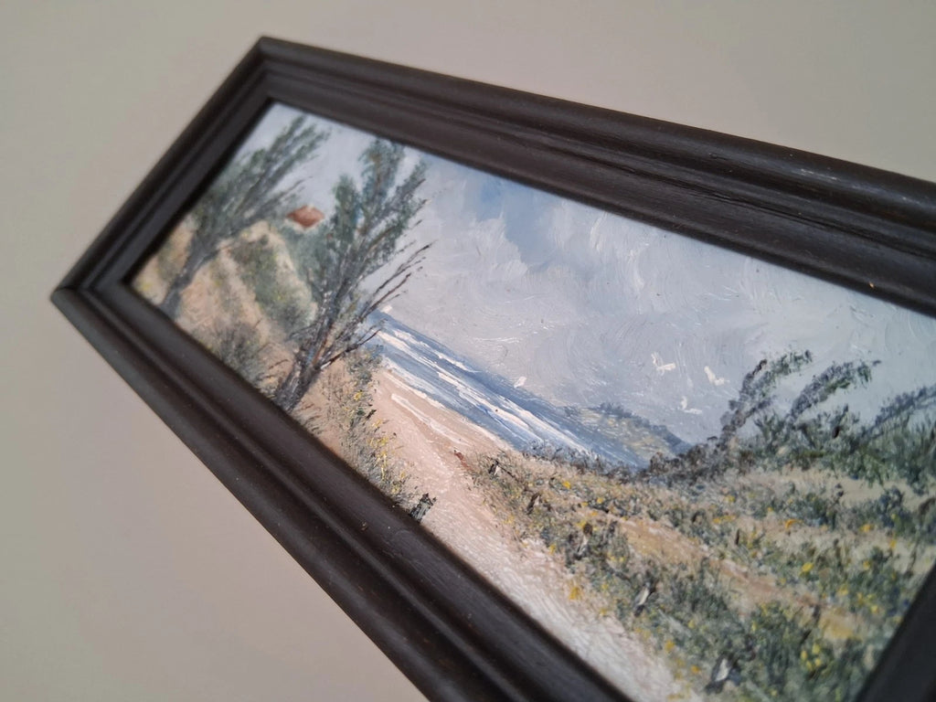 KLEINES ORIGINAL Ölgemälde auf Karton inkl. Rahmen | Strand / Küste / Meer | 17x7 cm | Signiert