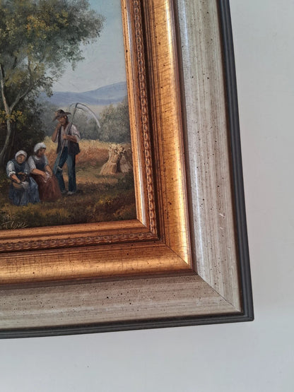 ORIGINAL Ölgemälde auf Holzplatte inkl. Rahmen | Landwirtschaft / Heuernte / Figuren | Signiert