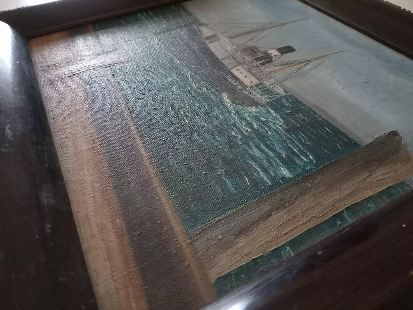 ORIGINAL Ölgemälde auf Leinwand inkl. Rahmen | Dampfschiff "Ellen" beim Anlegen | 35x32 cm