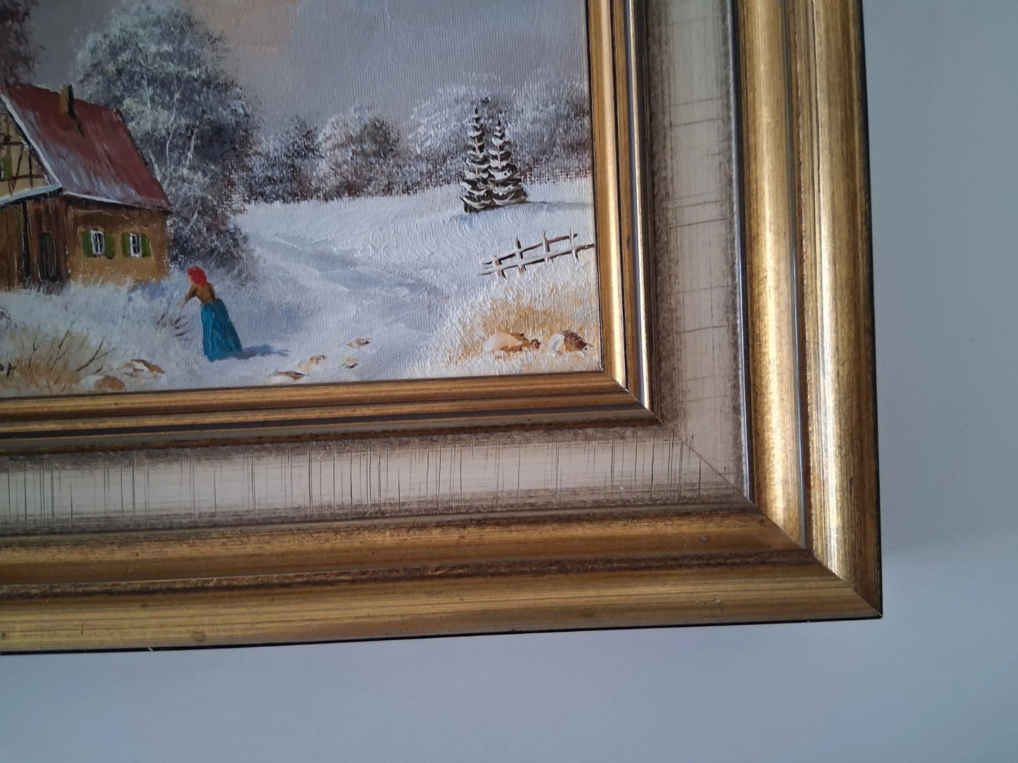 ORIGINAL Ölgemälde auf Karton inkl. Rahmen | Bauernhaus / Winterlandschaft mit Figur | Signiert