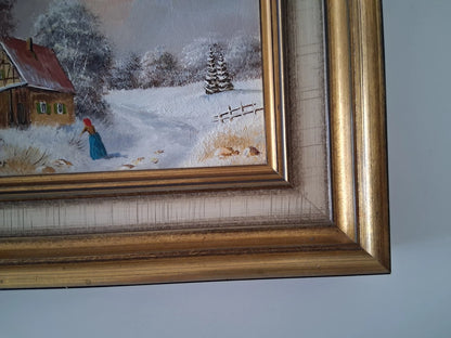 ORIGINAL Ölgemälde auf Karton inkl. Rahmen | Bauernhaus / Winterlandschaft mit Figur | Signiert