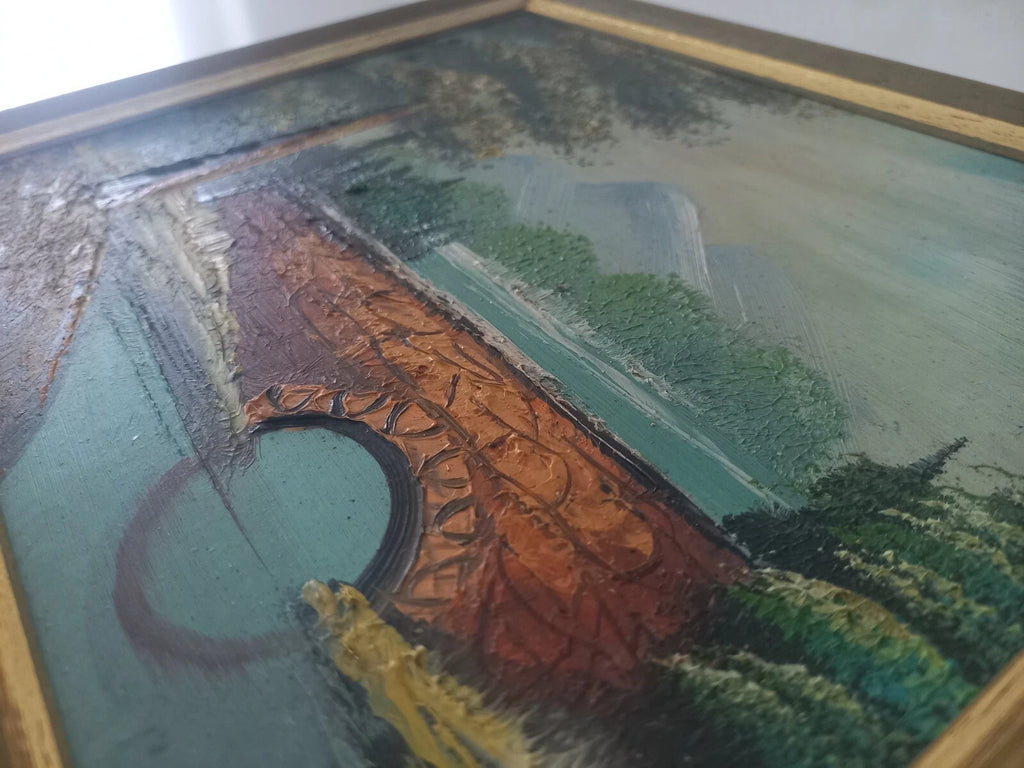 ORIGINAL Ölgemälde auf Karton inkl. Rahmen | Landschaft / Natur / Fluss | 27x23 cm | Vintage