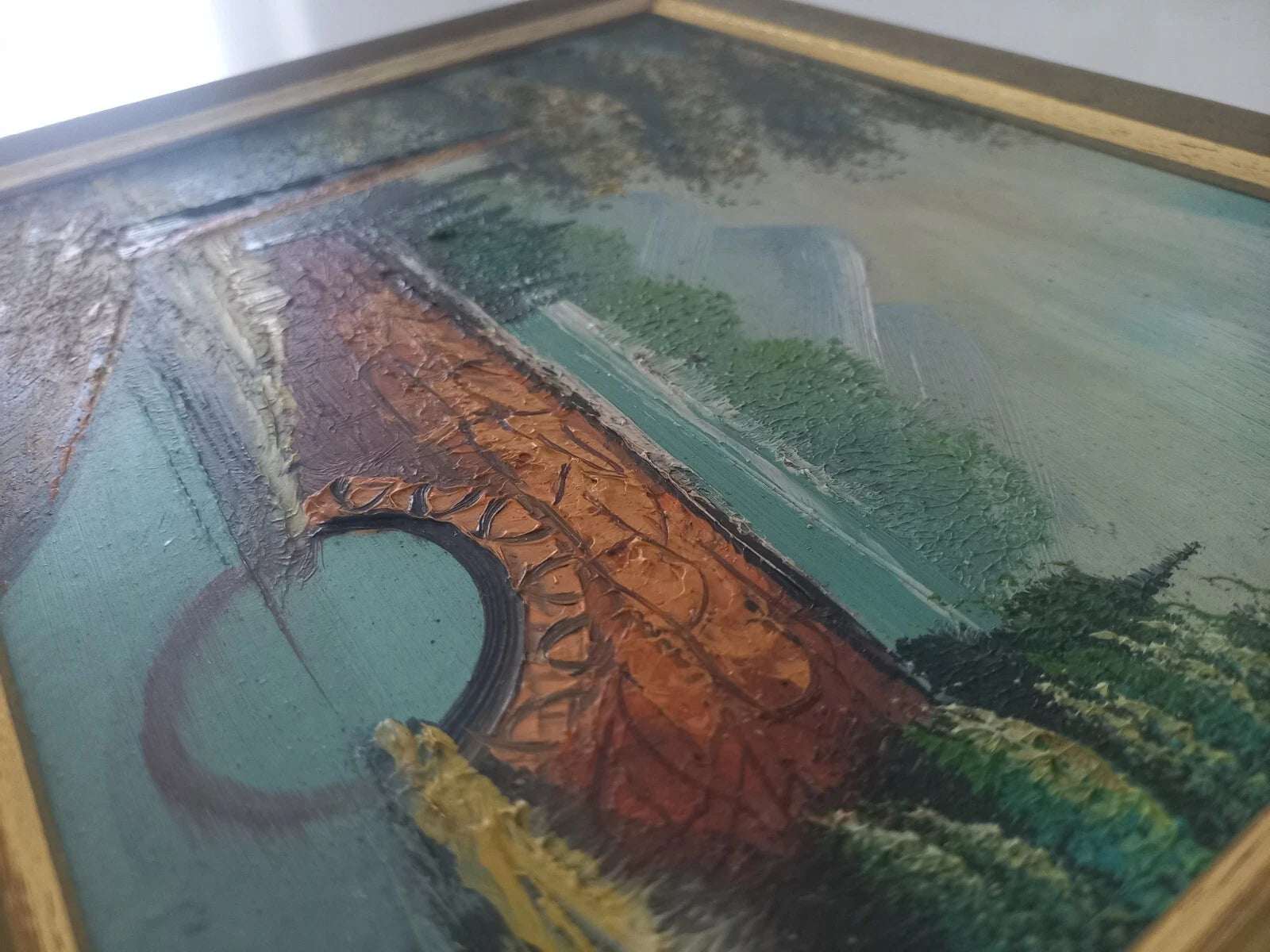 ORIGINAL Ölgemälde auf Karton inkl. Rahmen | Landschaft / Natur / Fluss | 27x23 cm | Vintage