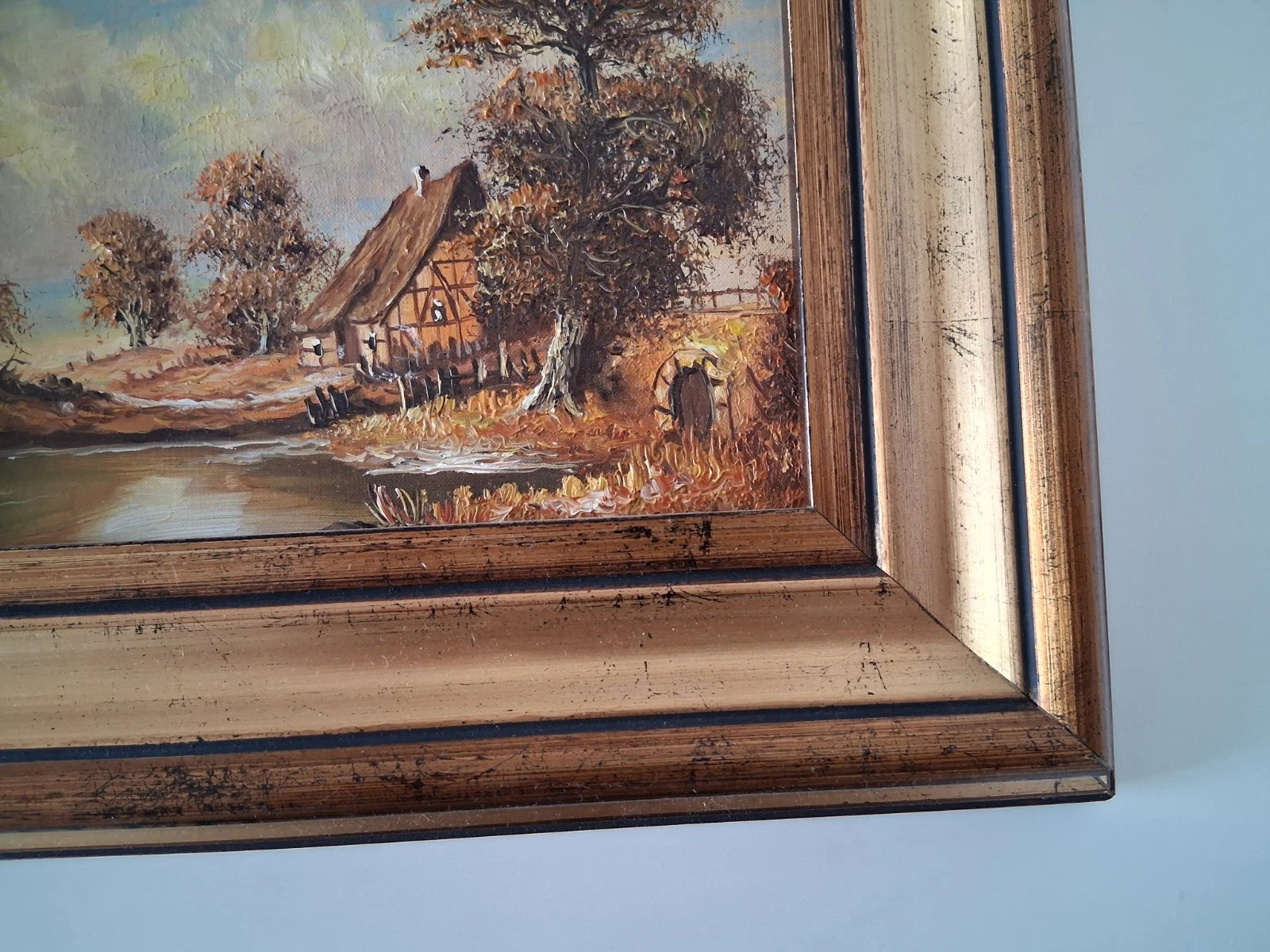 ORIGINAL Ölgemälde auf Karton inkl. Rahmen | Bauernhaus / Landschaft | 29x24 cm | Signiert