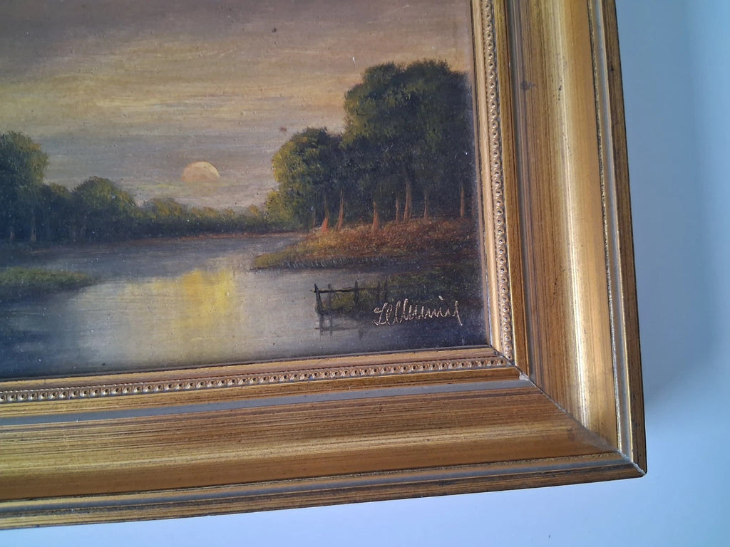 ORIGINAL Ölgemälde auf Holzplatte inkl. Rahmen | Romantische Seenlandschaft | 24x19 cm | Signiert
