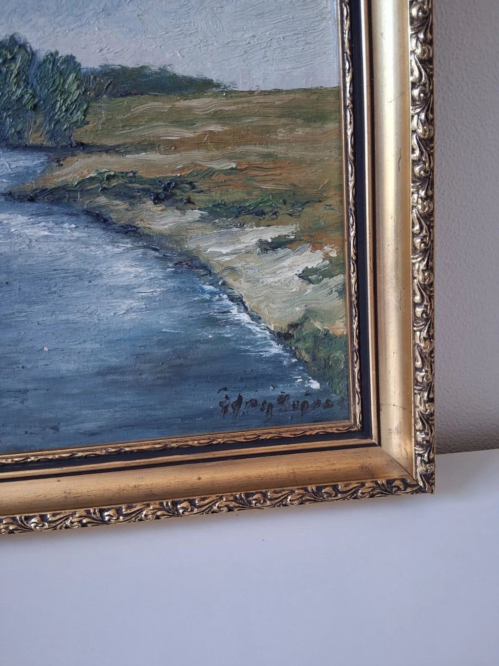 ORIGINAL Ölgemälde auf Leinwand inkl. antikem Rahmen | Flusslandschaft | 36x36 cm | Signiert