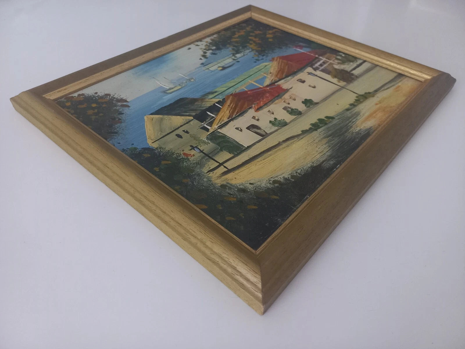 ORIGINAL Ölgemälde auf Karton inkl. Rahmen | Landschaft / Küste / Meer | 27x23 cm | Vintage