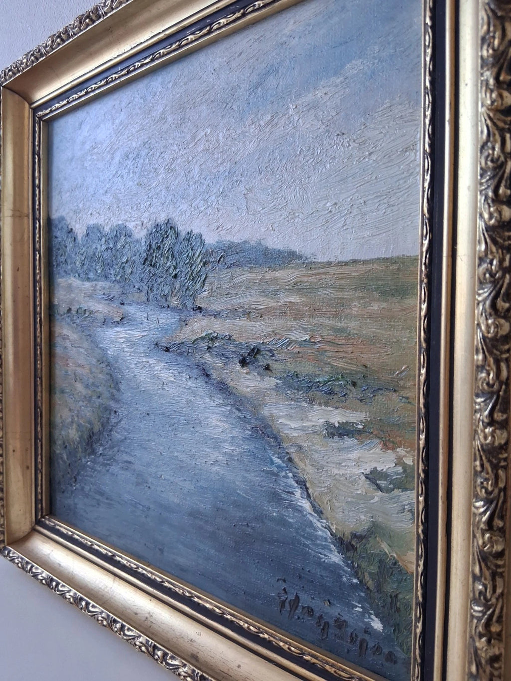 ORIGINAL Ölgemälde auf Leinwand inkl. antikem Rahmen | Flusslandschaft | 36x36 cm | Signiert