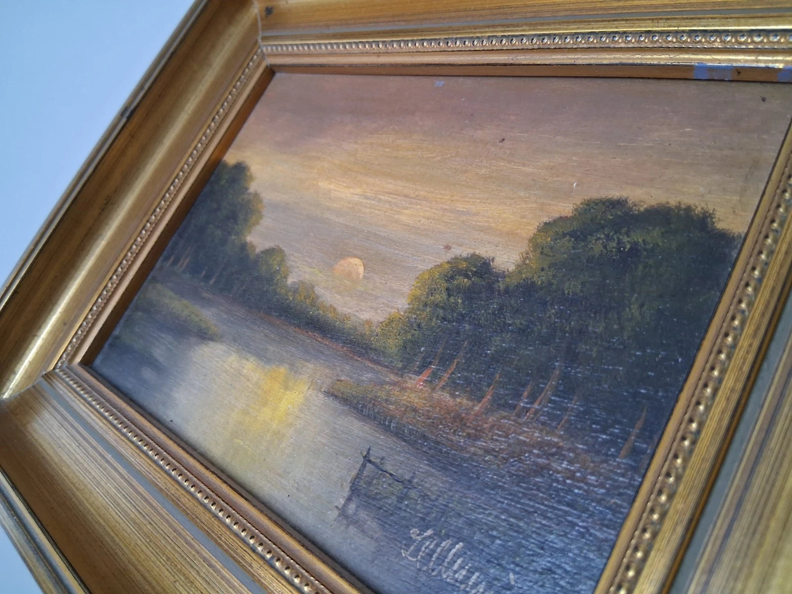 ORIGINAL Ölgemälde auf Holzplatte inkl. Rahmen | Romantische Seenlandschaft | 24x19 cm | Signiert