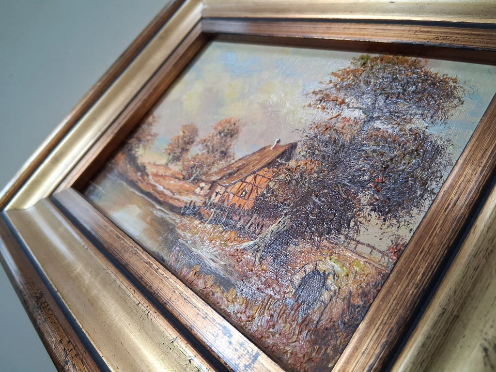 ORIGINAL Ölgemälde auf Karton inkl. Rahmen | Bauernhaus / Landschaft | 29x24 cm | Signiert