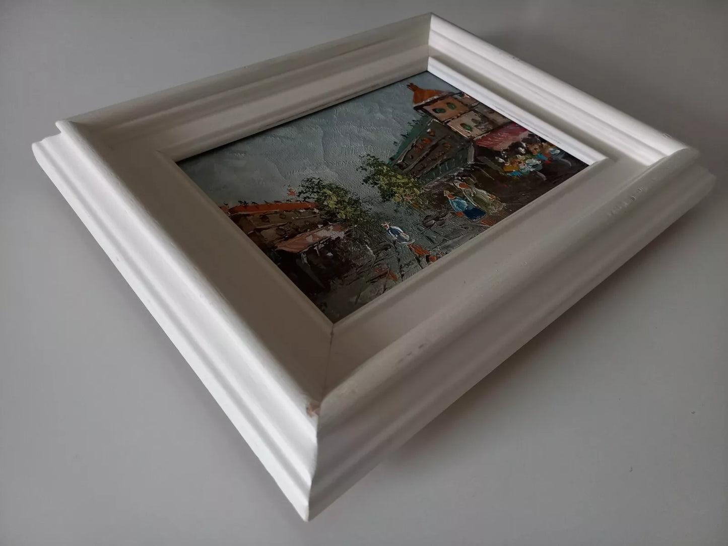ORIGINAL Ölgemälde auf Leinwand inkl. Rahmen | Stadtszene / Stadtbild mit Figuren | 26x21 cm