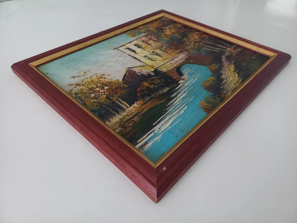 ORIGINAL Ölgemälde auf Karton inkl. Rahmen | Landschaft / Fluss / Natur | 27x23 cm | Vintage