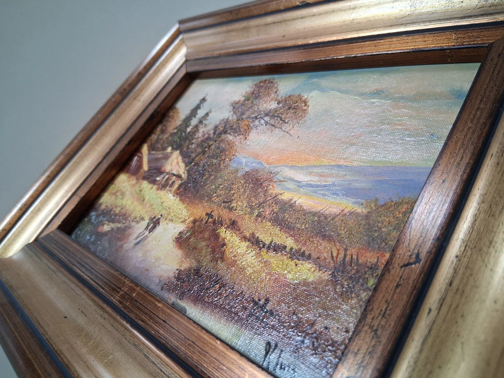 ORIGINAL Ölgemälde auf Karton inkl. Rahmen | Landschaft / Bauernhaus | 29x24 cm | Signiert