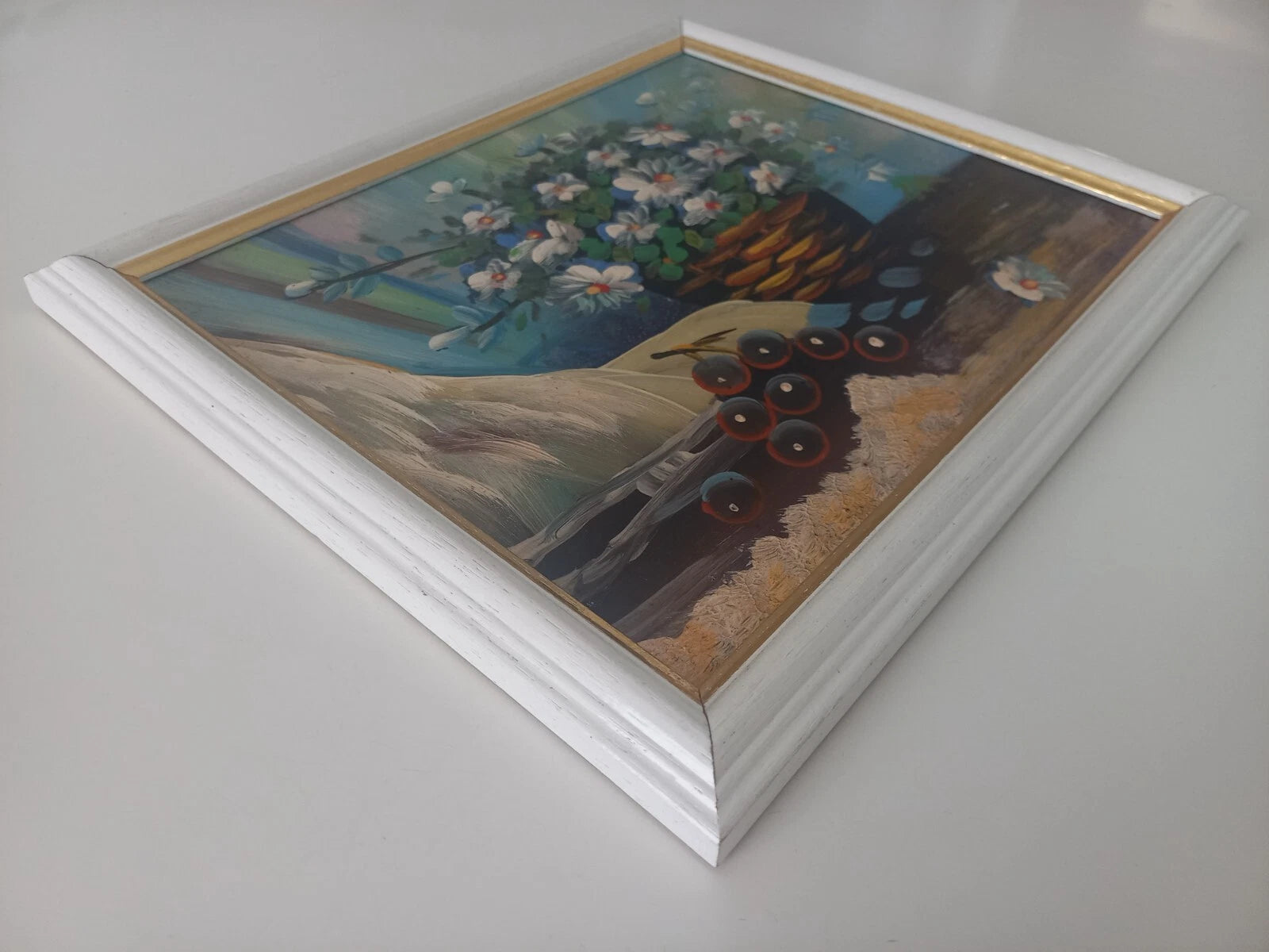 ORIGINAL Ölgemälde auf Karton inkl. Rahmen | Stillleben / Blumen / Obst | 27x23 cm | Vintage