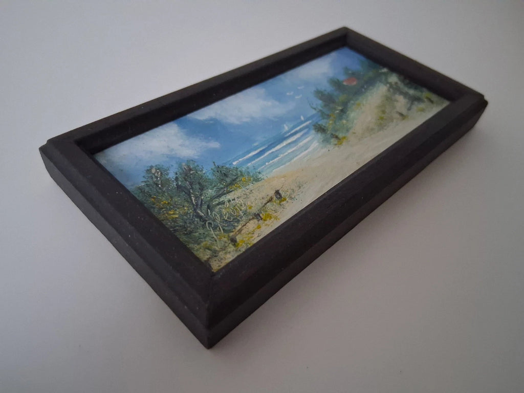 KLEINES ORIGINAL Ölgemälde auf Karton inkl. Rahmen | Strand / Küste / Meer | 13x6 cm | Signiert