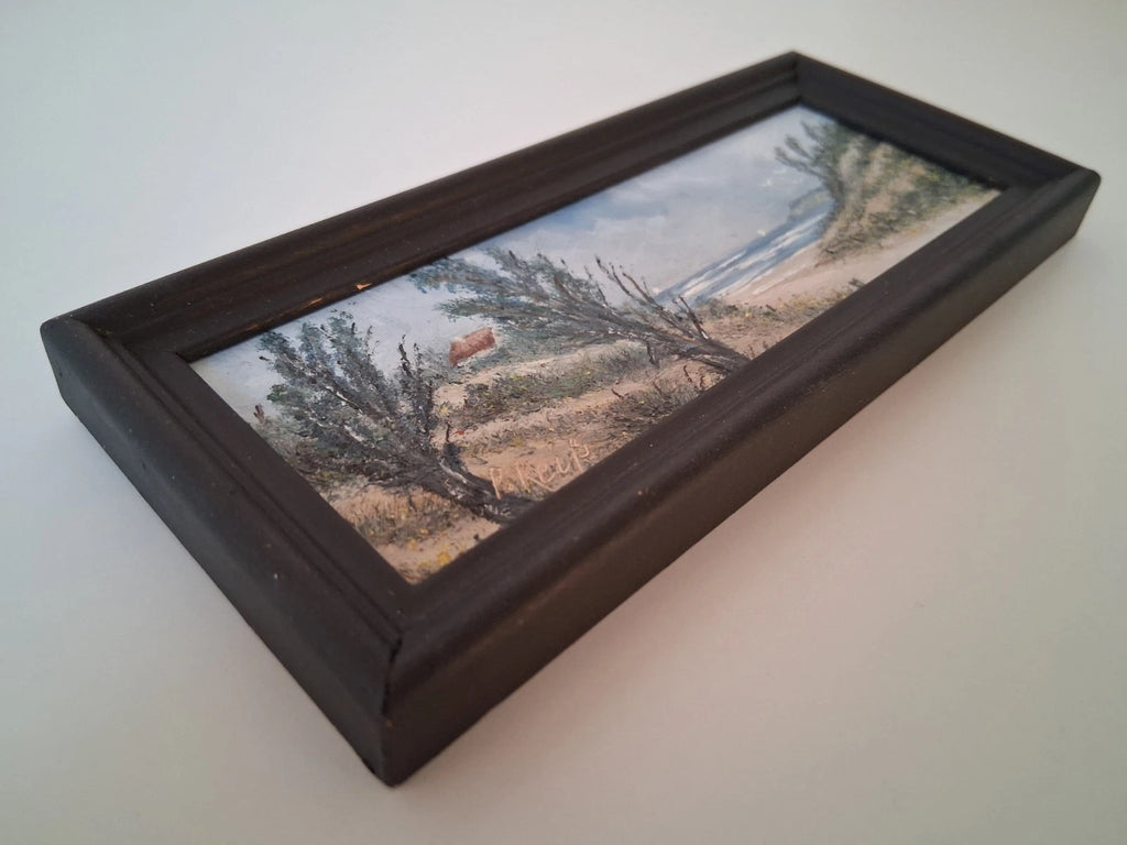 KLEINES ORIGINAL Ölgemälde auf Karton inkl. Rahmen | Strand / Küste / Meer | 17x7 cm | Signiert