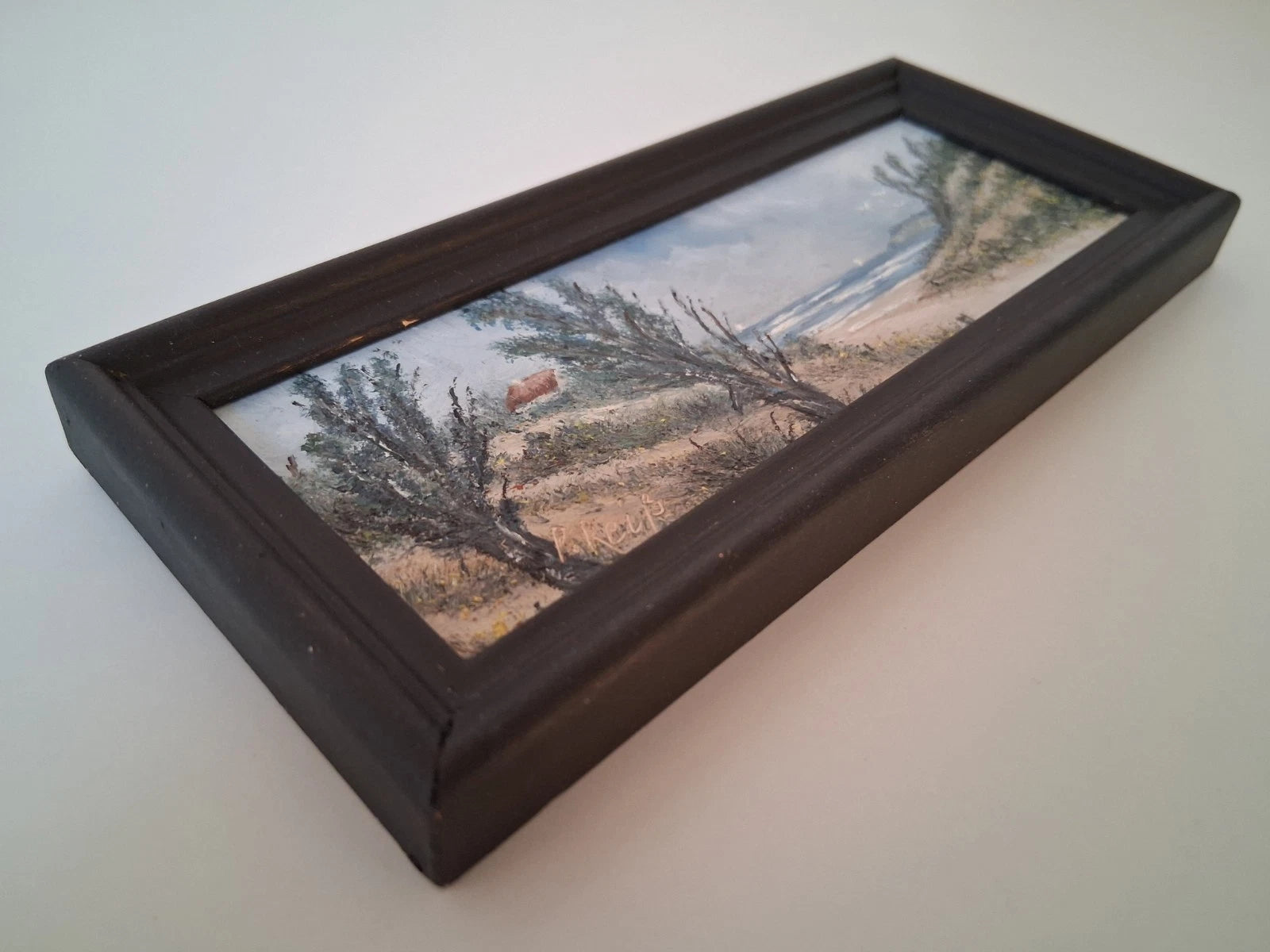 KLEINES ORIGINAL Ölgemälde auf Karton inkl. Rahmen | Strand / Küste / Meer | 17x7 cm | Signiert