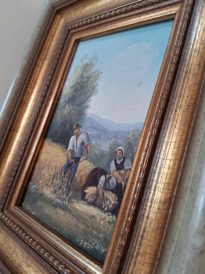 ORIGINAL Ölgemälde auf Holzplatte inkl. Rahmen | Landwirtschaft / Heuernte / Figuren | Signiert