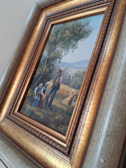 ORIGINAL Ölgemälde auf Holzplatte inkl. Rahmen | Landwirtschaft / Heuernte / Figuren | Signiert