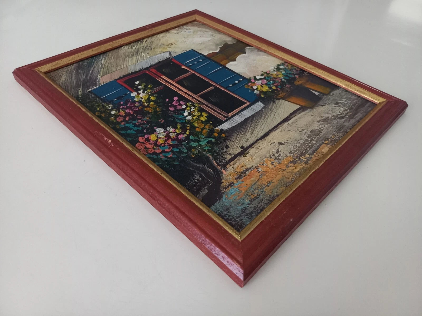 ORIGINAL Ölgemälde auf Karton inkl. Rahmen | Blumen vor dem Fenster | 23x27 cm | Vintage