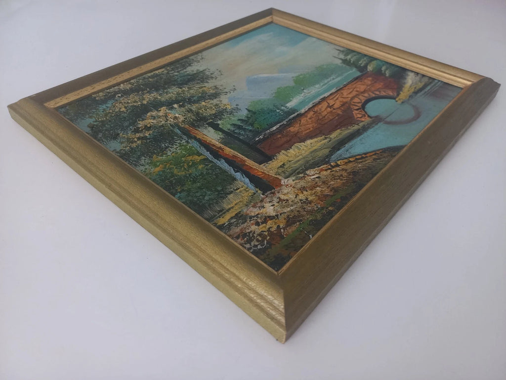 ORIGINAL Ölgemälde auf Karton inkl. Rahmen | Landschaft / Natur / Fluss | 27x23 cm | Vintage
