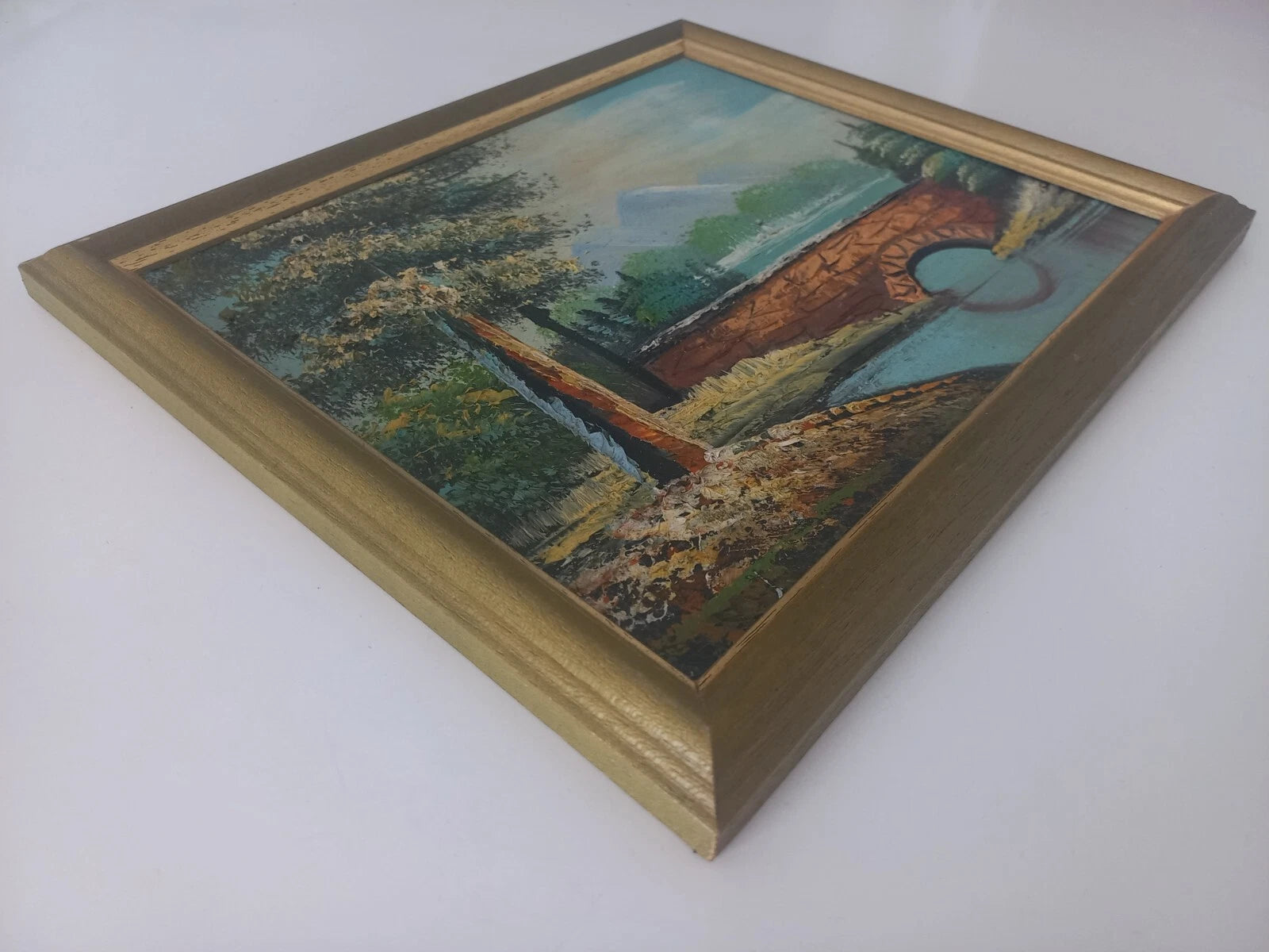 ORIGINAL Ölgemälde auf Karton inkl. Rahmen | Landschaft / Natur / Fluss | 27x23 cm | Vintage