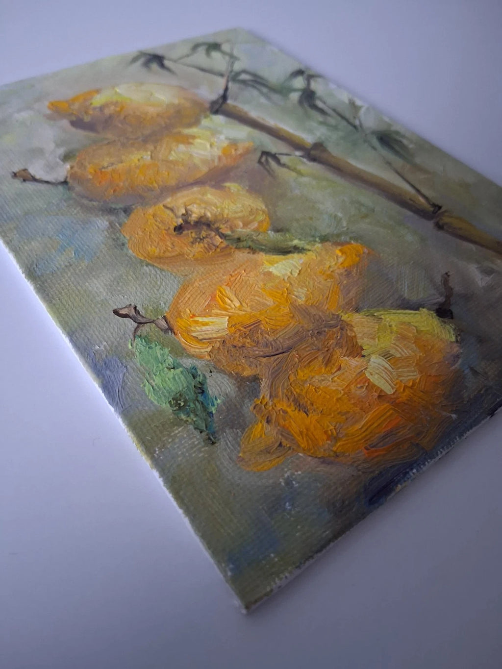 ORIGINAL Ölgemälde auf Karton | Zitronen und Bambus / Pflanzen | 13x18 cm | Signiert