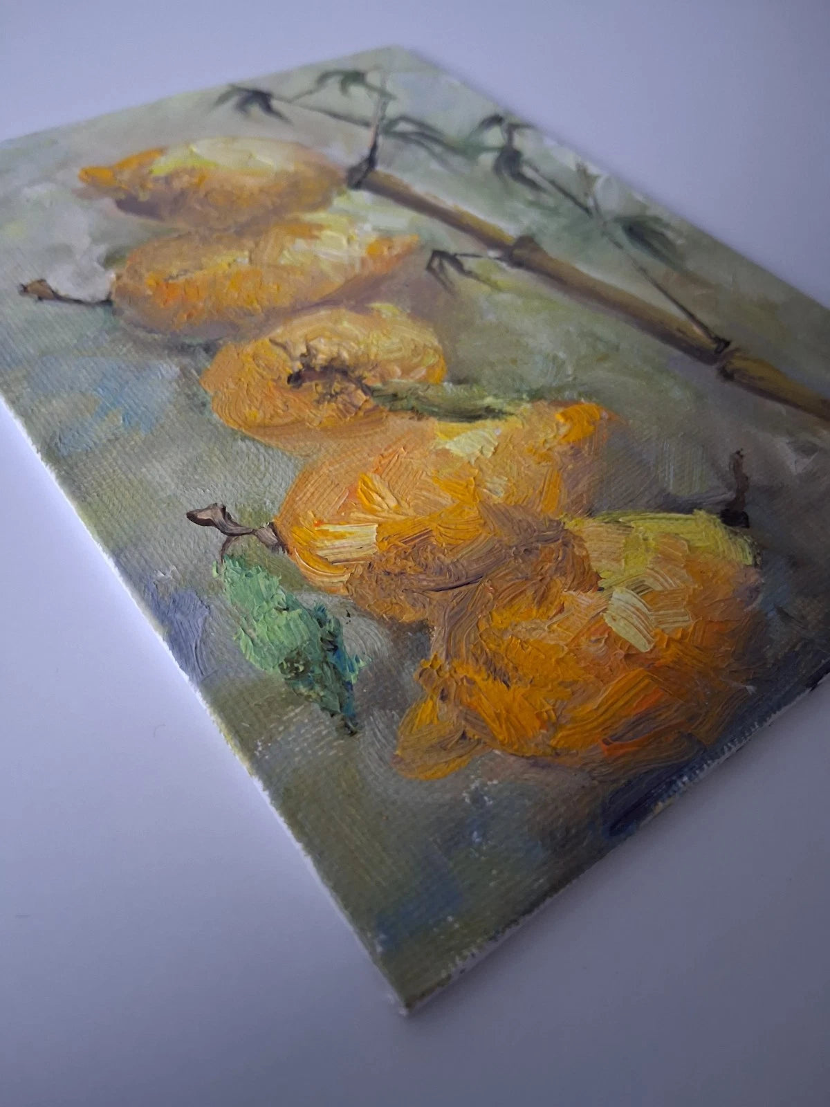 ORIGINAL Ölgemälde auf Karton | Zitronen und Bambus / Pflanzen | 13x18 cm | Signiert