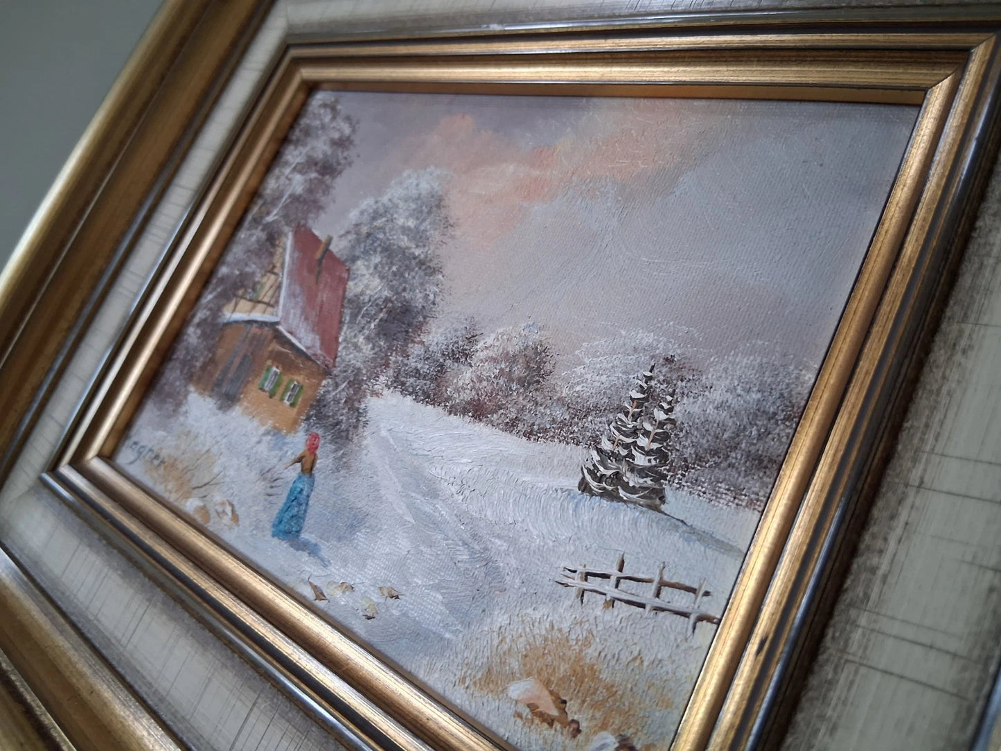 ORIGINAL Ölgemälde auf Karton inkl. Rahmen | Bauernhaus / Winterlandschaft mit Figur | Signiert