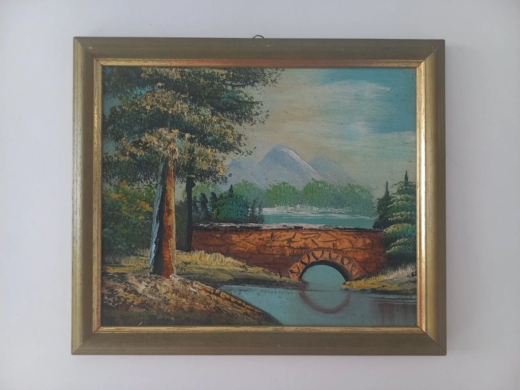 ORIGINAL Ölgemälde auf Karton inkl. Rahmen | Landschaft / Natur / Fluss | 27x23 cm | Vintage