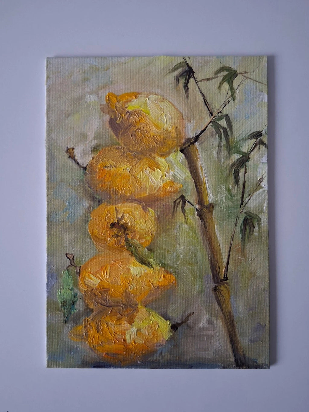 ORIGINAL Ölgemälde auf Karton | Zitronen und Bambus / Pflanzen | 13x18 cm | Signiert
