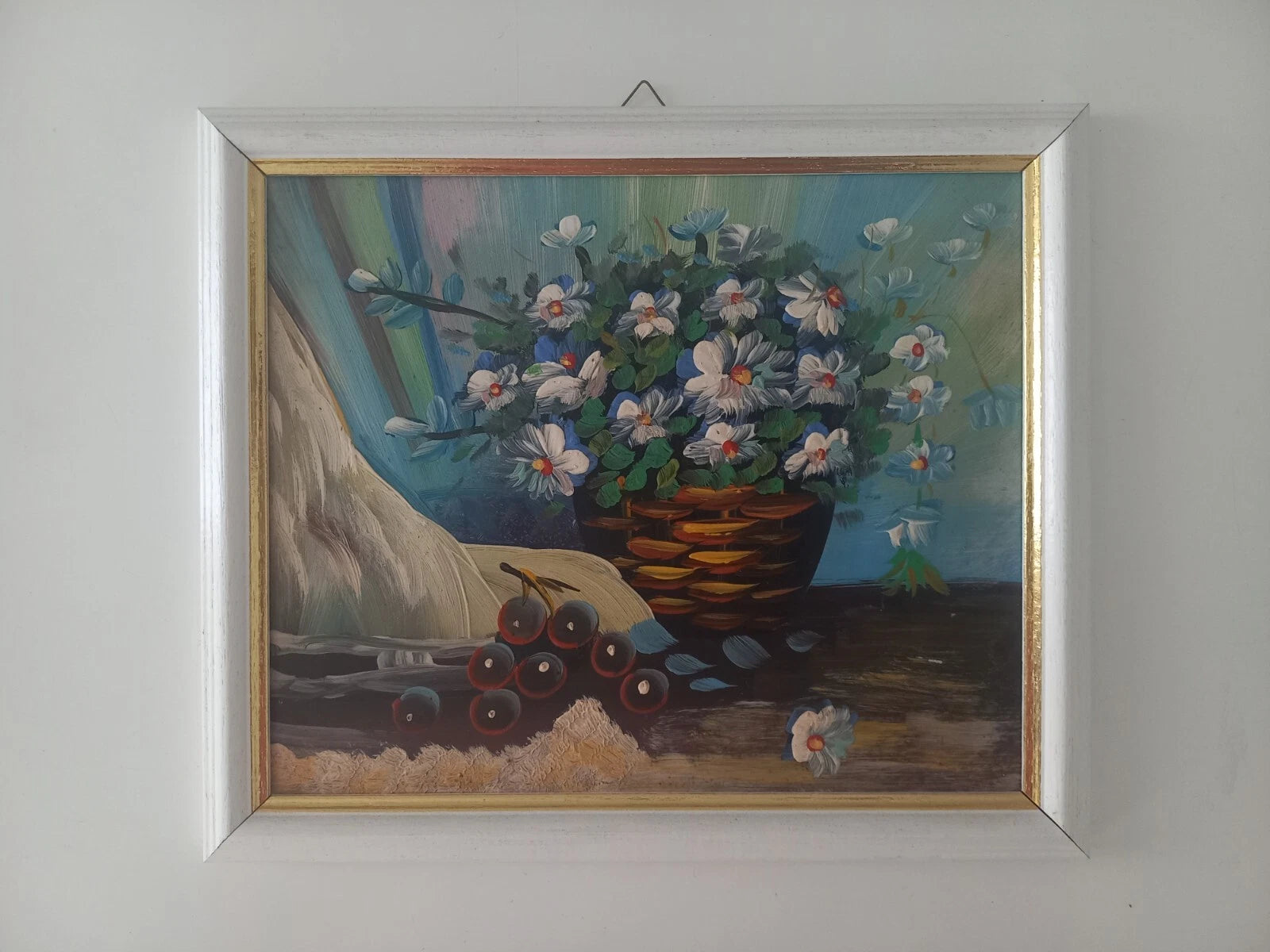 ORIGINAL Ölgemälde auf Karton inkl. Rahmen | Stillleben / Blumen / Obst | 27x23 cm | Vintage