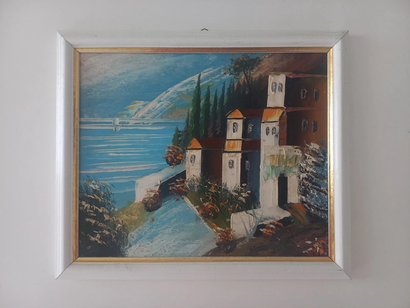 ORIGINAL Ölgemälde auf Karton inkl. Rahmen | Landschaft / Meer / Küste | 27x23 cm | Vintage