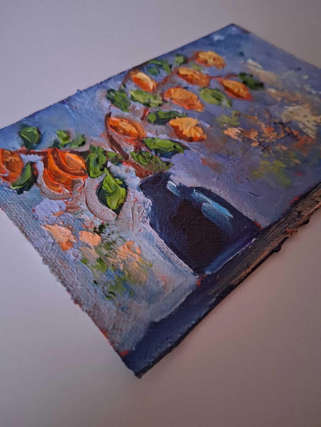 ORIGINAL Ölgemälde auf Leinwand | Stillleben / Physalis / Blumenvase | 15x10 cm | Signiert