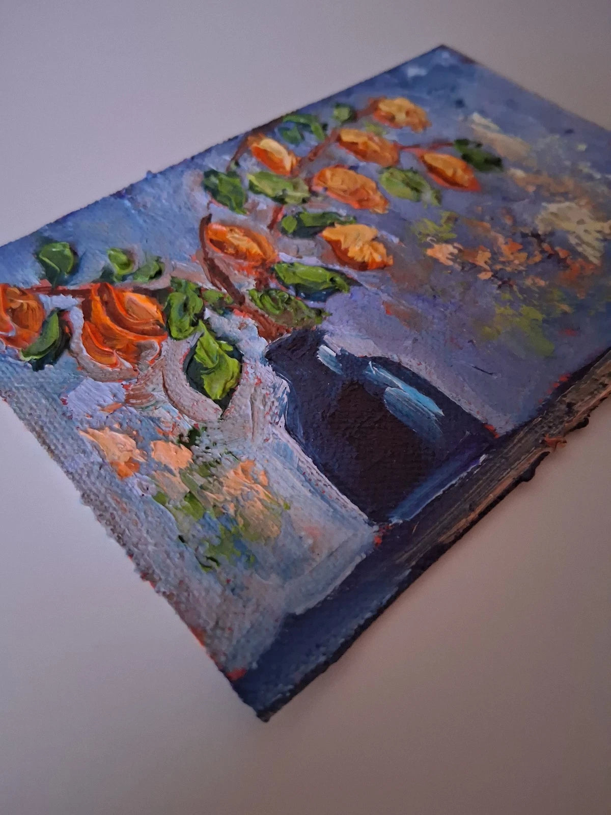 ORIGINAL Ölgemälde auf Leinwand | Stillleben / Physalis / Blumenvase | 15x10 cm | Signiert
