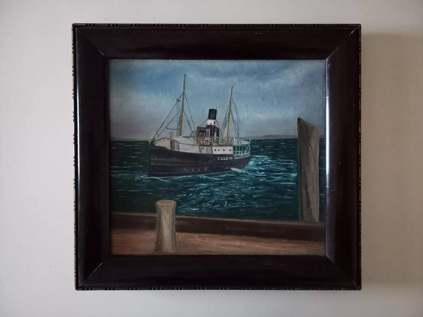 ORIGINAL Ölgemälde auf Leinwand inkl. Rahmen | Dampfschiff "Ellen" beim Anlegen | 35x32 cm