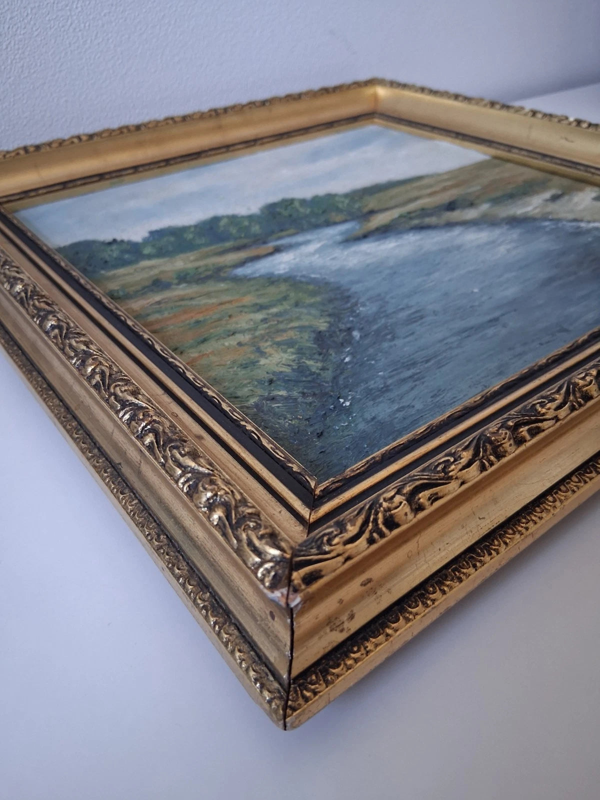 ORIGINAL Ölgemälde auf Leinwand inkl. antikem Rahmen | Flusslandschaft | 36x36 cm | Signiert