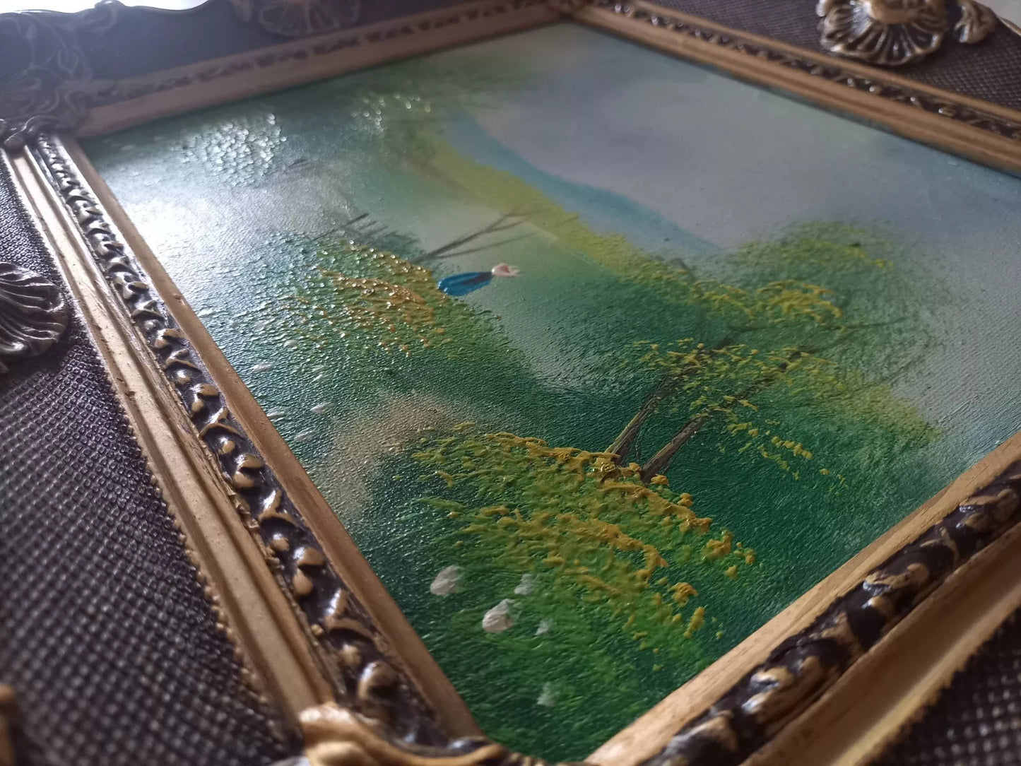 ORIGINAL Ölgemälde auf Leinwand inkl. Holzrahmen | Sommerlandschaft am See mit Figuren