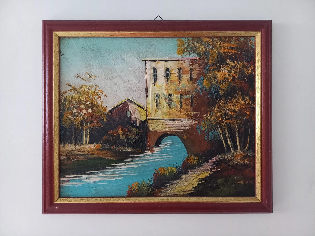 ORIGINAL Ölgemälde auf Karton inkl. Rahmen | Landschaft / Fluss / Natur | 27x23 cm | Vintage