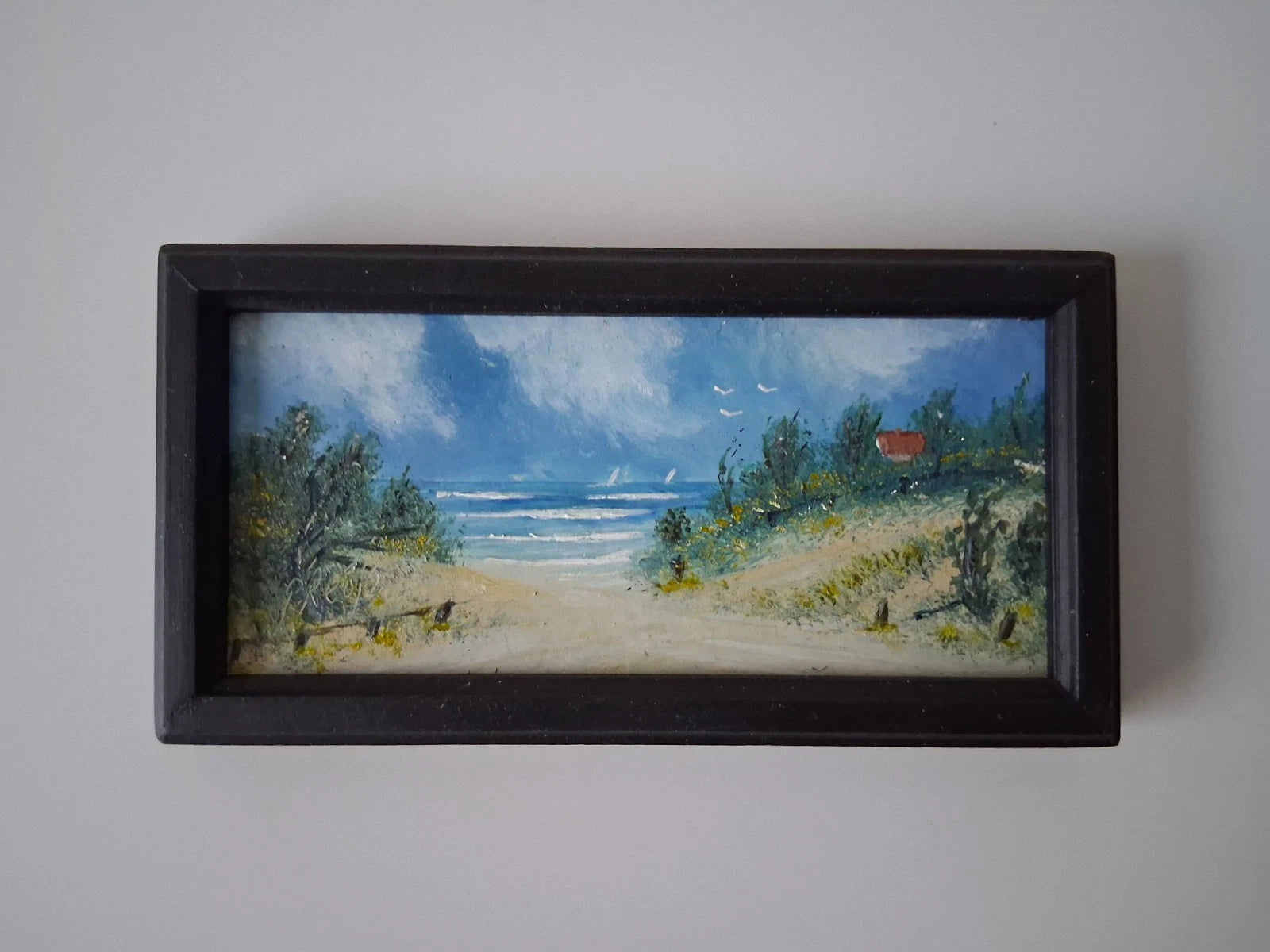 KLEINES ORIGINAL Ölgemälde auf Karton inkl. Rahmen | Strand / Küste / Meer | 13x6 cm | Signiert