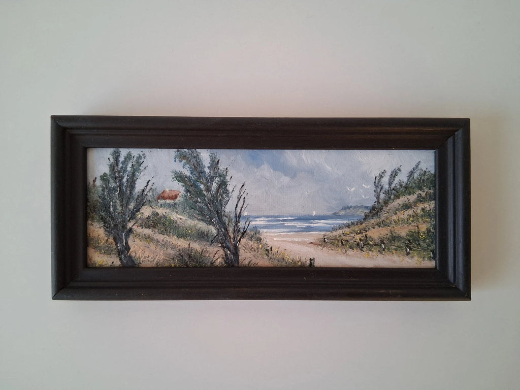 KLEINES ORIGINAL Ölgemälde auf Karton inkl. Rahmen | Strand / Küste / Meer | 17x7 cm | Signiert