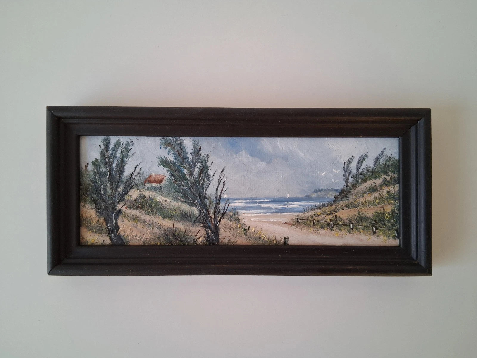 KLEINES ORIGINAL Ölgemälde auf Karton inkl. Rahmen | Strand / Küste / Meer | 17x7 cm | Signiert
