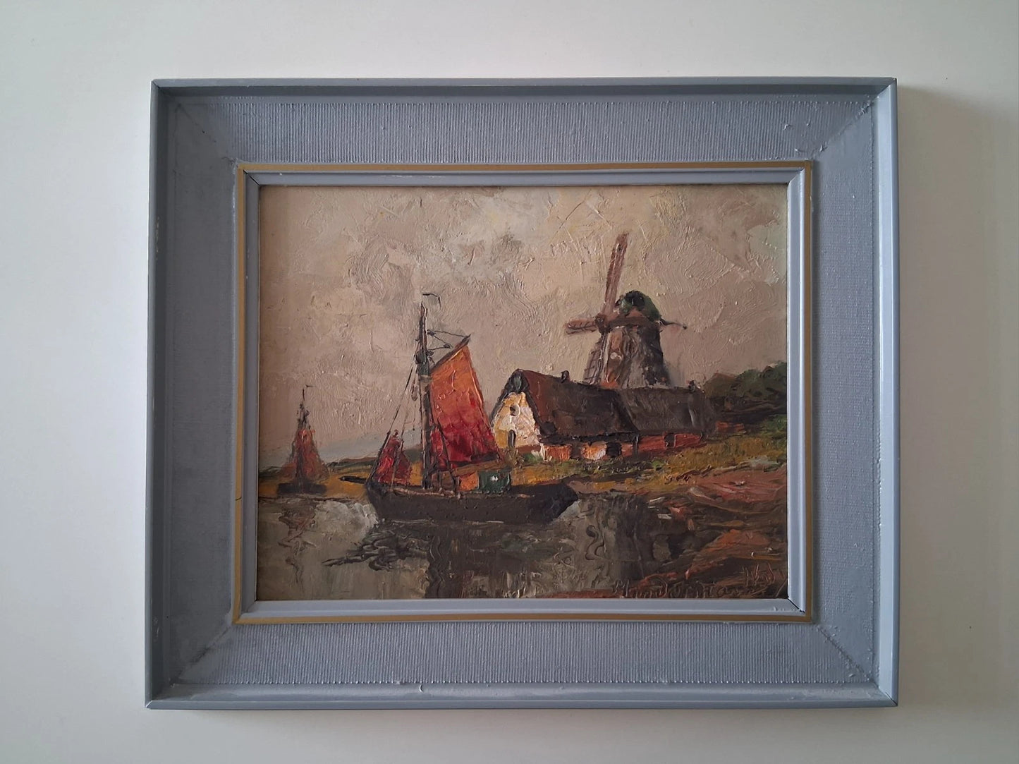 ORIGINAL Ölgemälde auf Karton inkl. Rahmen | Segelboot / Windmühle | 39x33 cm | Signiert