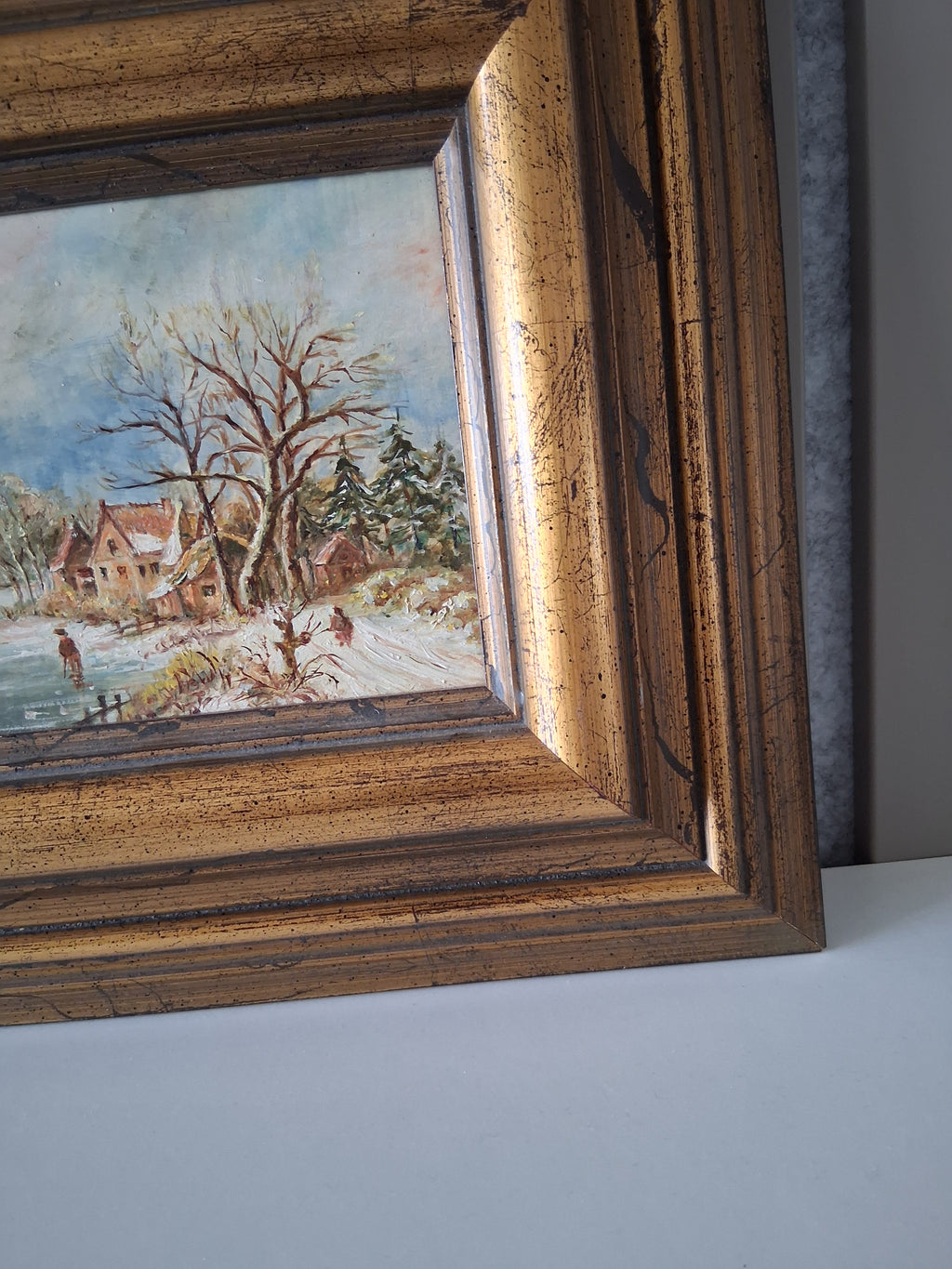 Altes Ölgemälde handgemalt mit Holzrahmen | Idyllische Winterlandschaft | ORIGINAL & Signiert