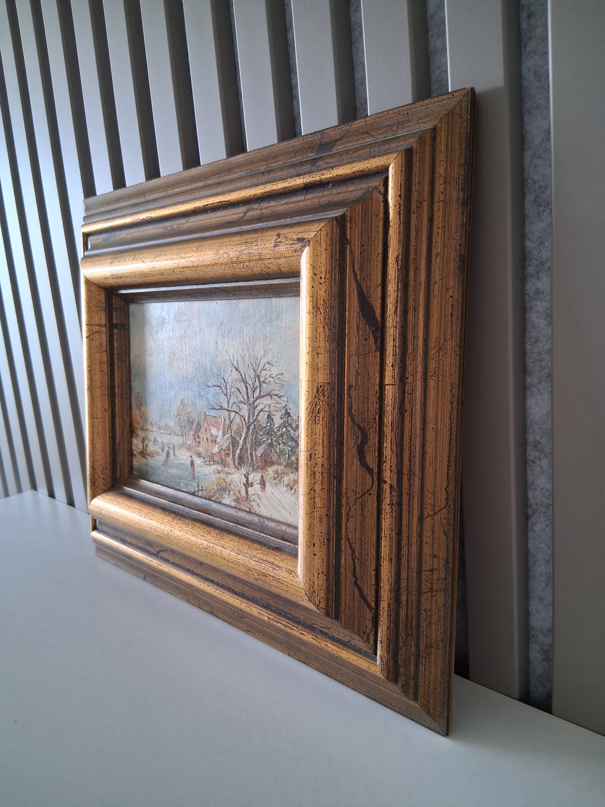 Altes Ölgemälde handgemalt mit Holzrahmen | Idyllische Winterlandschaft | ORIGINAL & Signiert