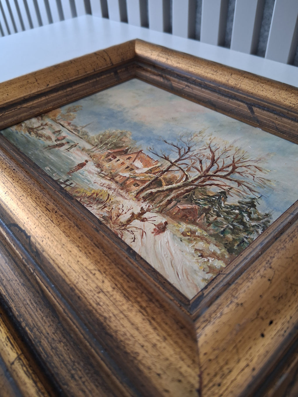 Altes Ölgemälde handgemalt mit Holzrahmen | Idyllische Winterlandschaft | ORIGINAL & Signiert