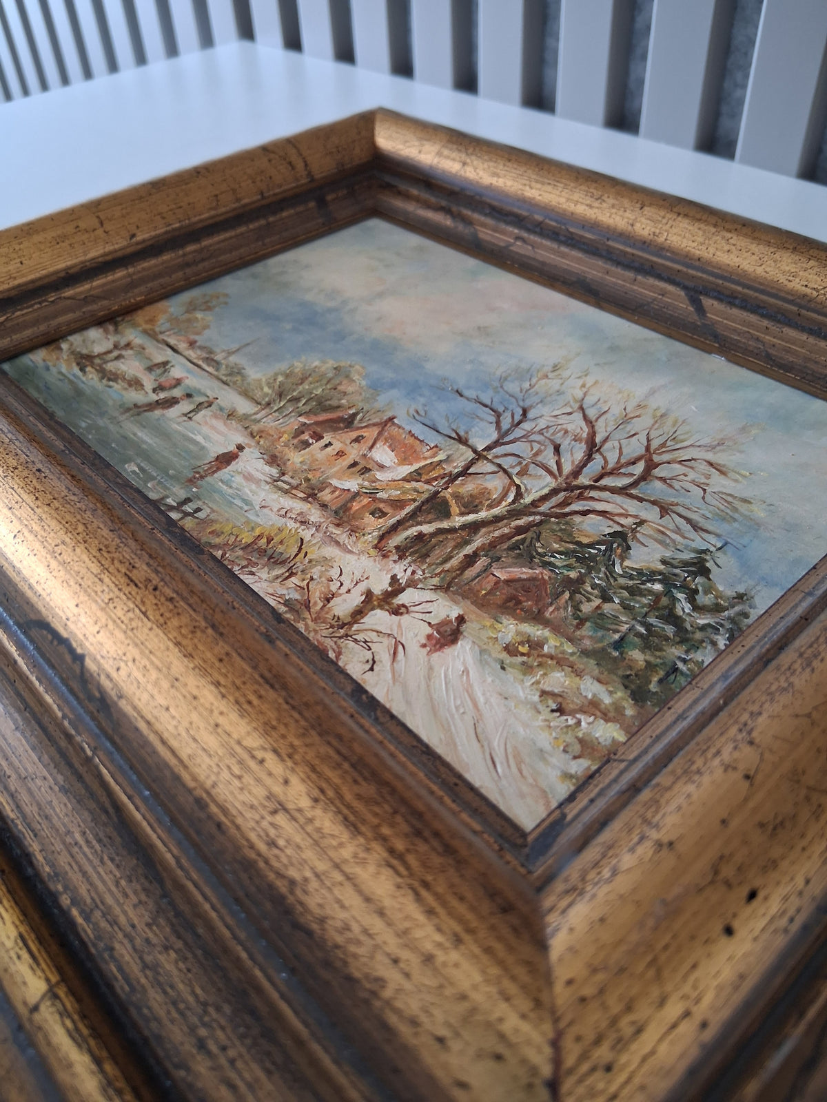 Altes Ölgemälde handgemalt mit Holzrahmen | Idyllische Winterlandschaft | ORIGINAL & Signiert