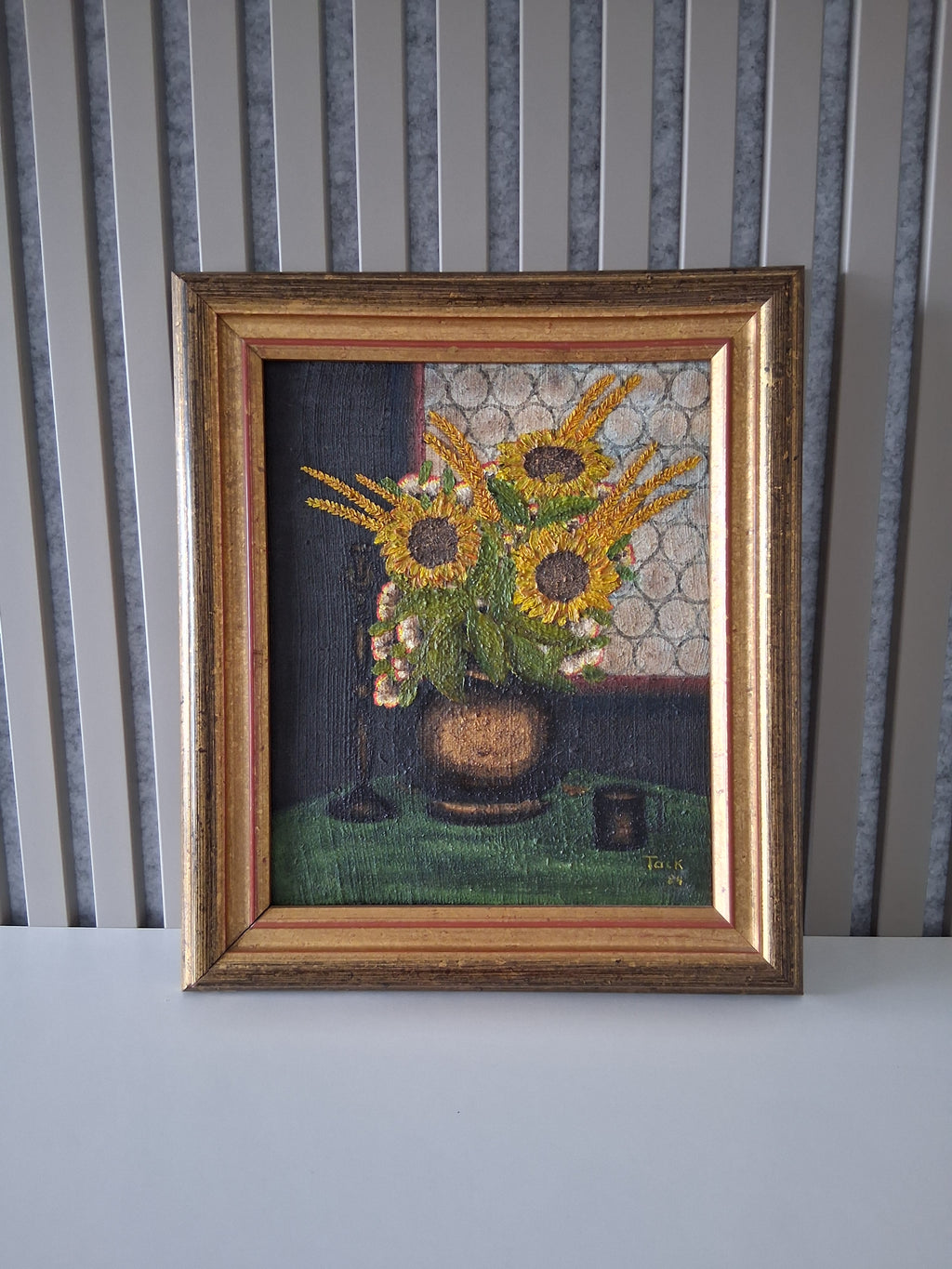 Altes Ölgemälde handgemalt mit Holzrahmen | Stillleben / Sonnenblumen | ORIGINAL & Signiert