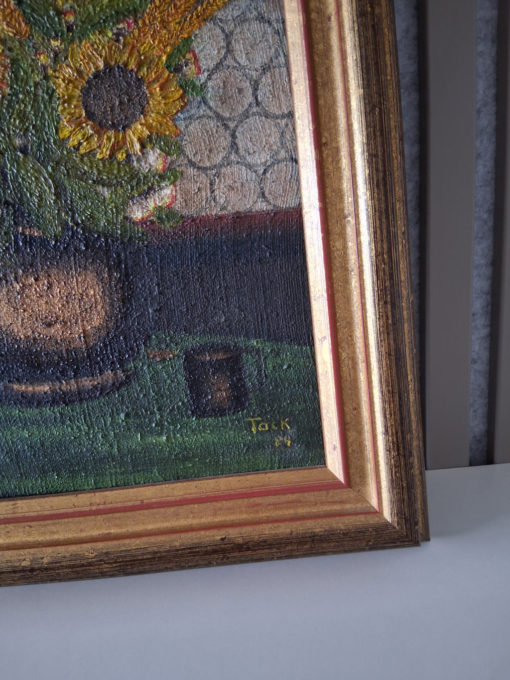 Altes Ölgemälde handgemalt mit Holzrahmen | Stillleben / Sonnenblumen | ORIGINAL & Signiert